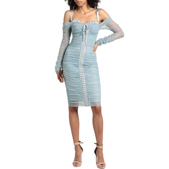 $3645 NWT Dolce & Gabbana Light Blue Tulle Sheer Lace-Up Ruched Midi Dress - Picture 3 of 13